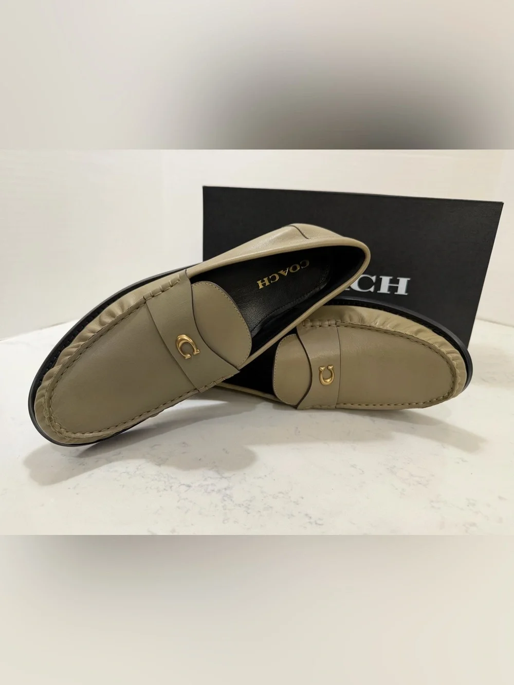 Coach woman’s Olive Green Leather Slip-On Loafers with Gold Accent - Picture 3 of 11